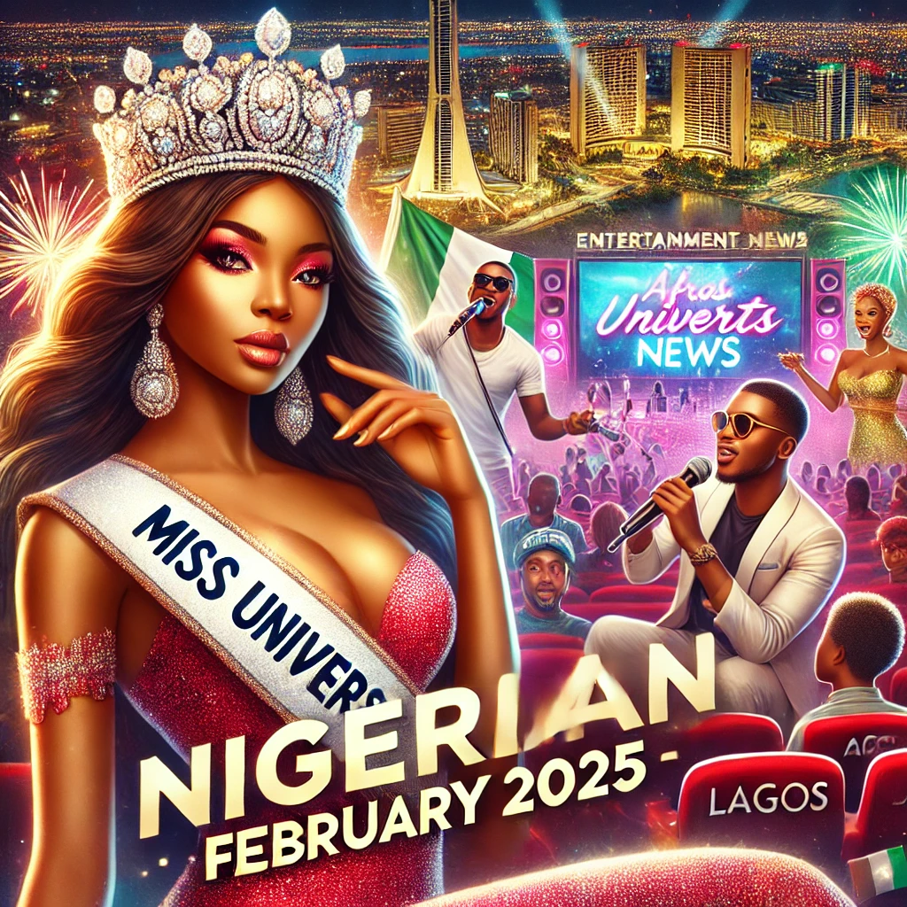 "A vibrant digital collage featuring Nigerian entertainment highlights of February 2025, including Miss Universe Nigeria 2025, an Afrobeats concert, and a Lagos movie premiere. The text 'Nigerian Entertainment News - February 2025' is displayed prominently.”